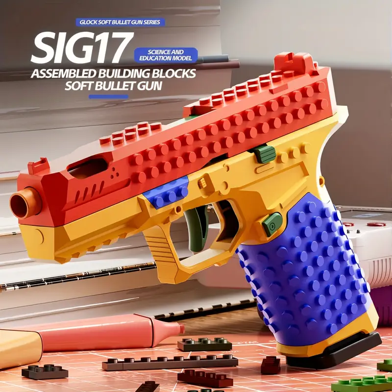 automatic ejection building blocks gun with bullet casings stem construction set with realistic bullet launcher mechanism safe non building blocks for teens adults parent child assembly kit 2025 christmas birthday gift for boys girls red yellow blue educational toy for motor skills development Product details 0