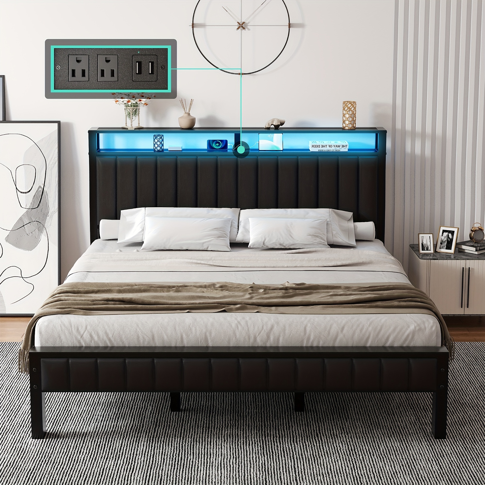 

Bed Frame, Led Platform Bed With Faux Leather Headboard, Charging Station, 2-tier Storage Space/no Box Spring Needed/noise-free