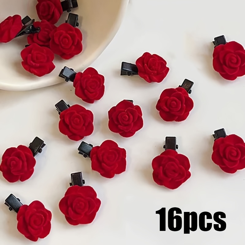 TEMU 16pcs Wine Red Rose Flower Small Claw Clip Women's Princess Head Side Hairpin High-end Back Of Head Half-tied Hair Headdress