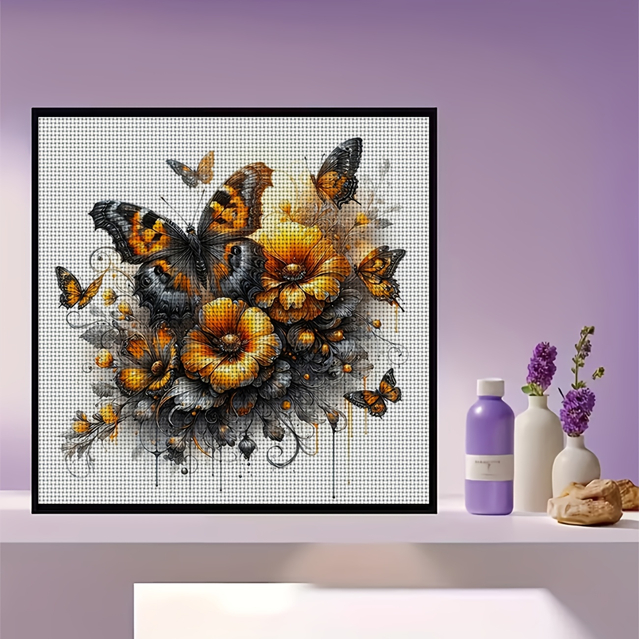Cross Stitch Printed Kit, Frameless, Black And Yellow Butterflies Design