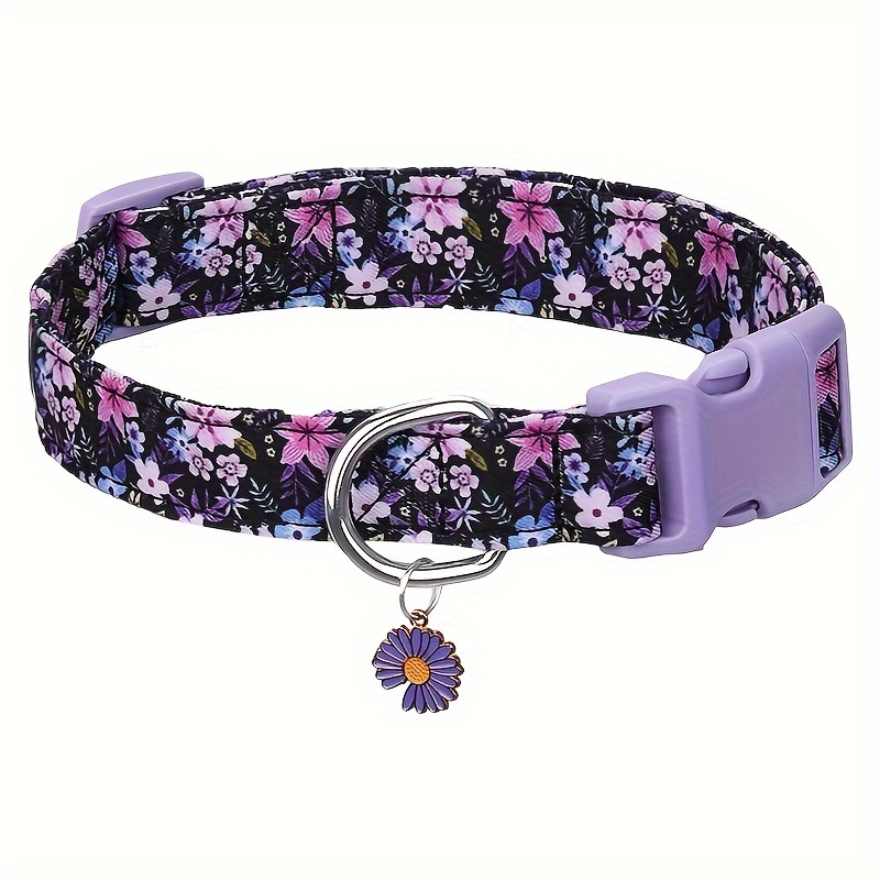 

Floral Dog Collar With Pendant, Adjustable Polyester Pet Accessory, Comfortable Design For Small To Large Dogs