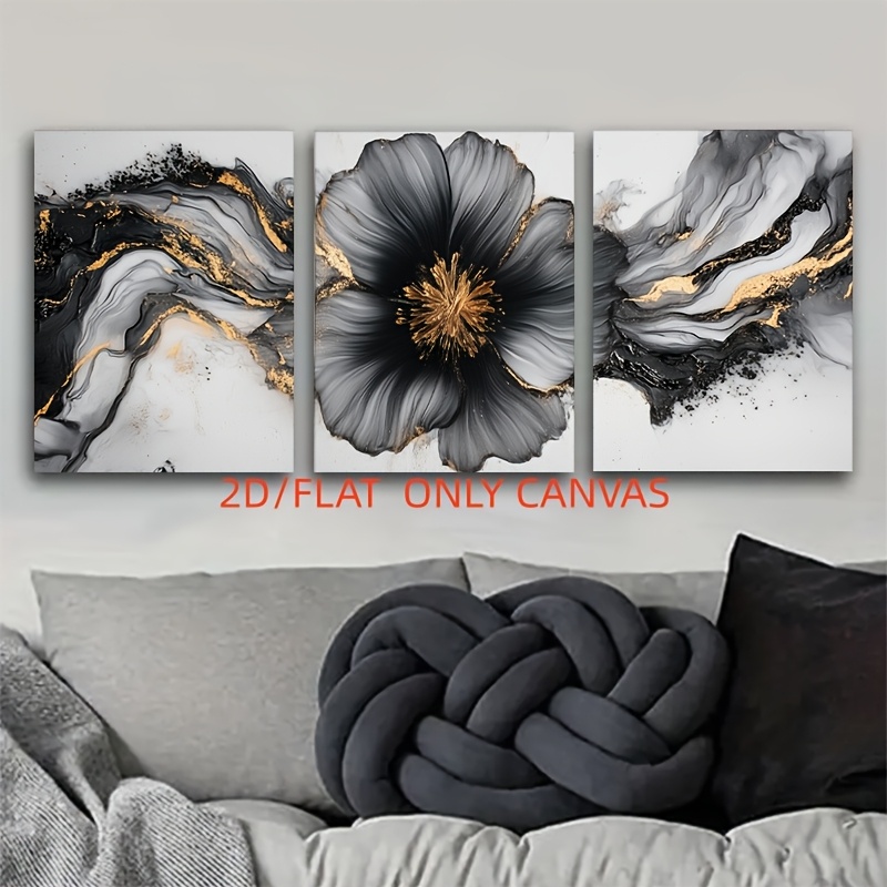 TEMU 2d Flat, (2d/flat)a Set Of 3 Modern Abstract Floral Canvas Art Pieces In Black, White, And Golden Suitable For Home Decoration, Bedroom, And