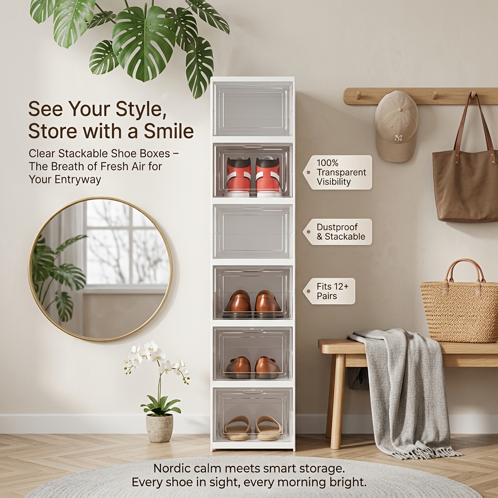 6-Layer Foldable Shoe Cabinet with Transparent Doors & Dustproof Lid - Large Capacity Space-Saving Plastic Storage Box Suitable for Entryway, Hallway, Shoe Rack, No Assembly Required, -Standing Design for Use