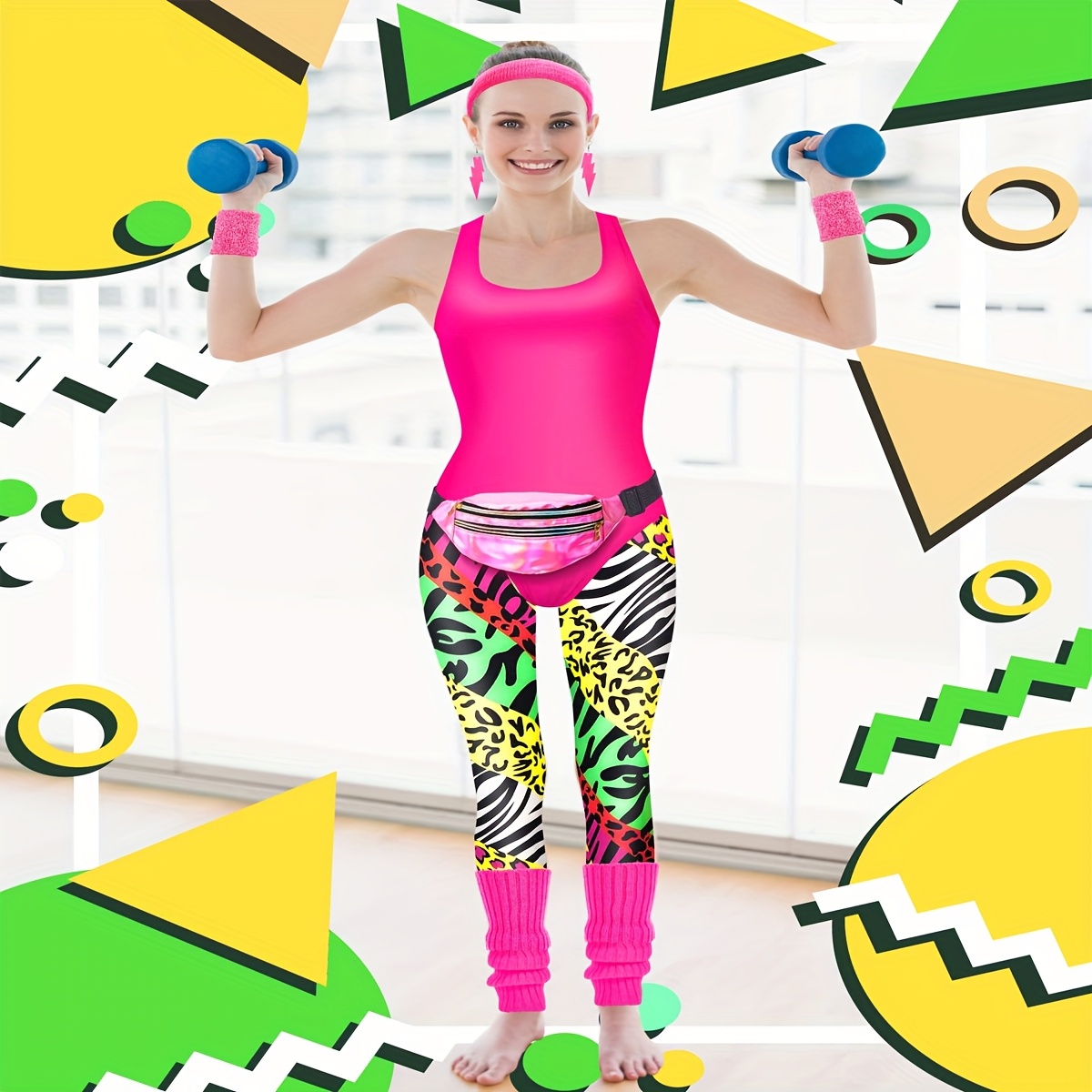 set 80s workout costume retro leotard leggings headband Temu