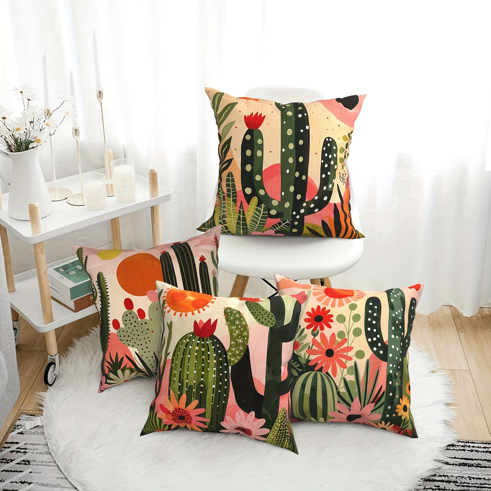 4pcs *-Century Style Throw Pillow Covers, 100% Polyester Blend, Green  Cactus Sunflower Print, Decorative Cases with Zipper, Machine