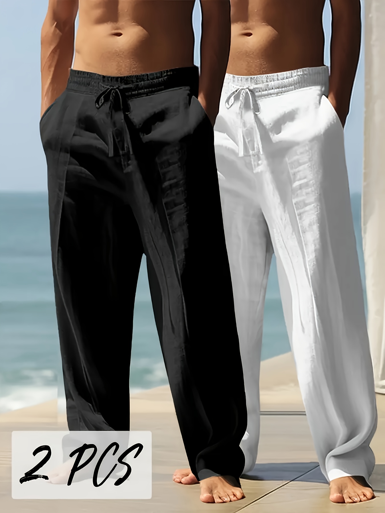 2pcs mens thickened linen pants 95 linen 5 polyester loose   season with elastic waist and leg opening design breathable and warm casual equestrian pants beach pants suitable for indoor and outdoor activities versatile wear