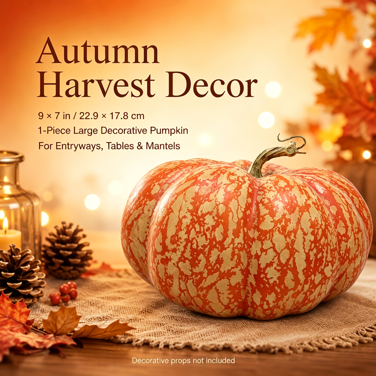 TEMU Large Heavy 9 Inch Decorative Pumpkin, Lifelike Mottled Orange Texture & Handcrafted Curved Stem, Autumn Decor, Suitable For Halloween