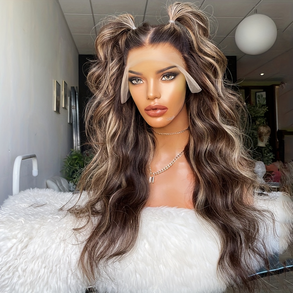 TEMU Women' Glueless Lace Front Wig With Ombre Highlights - 13*4 Frontal Deep Wave Synthetic Hair Suitable For Daily Wear & , -resistant Fiber, Look, Comfortable Wear, 180% Density 26 Inch