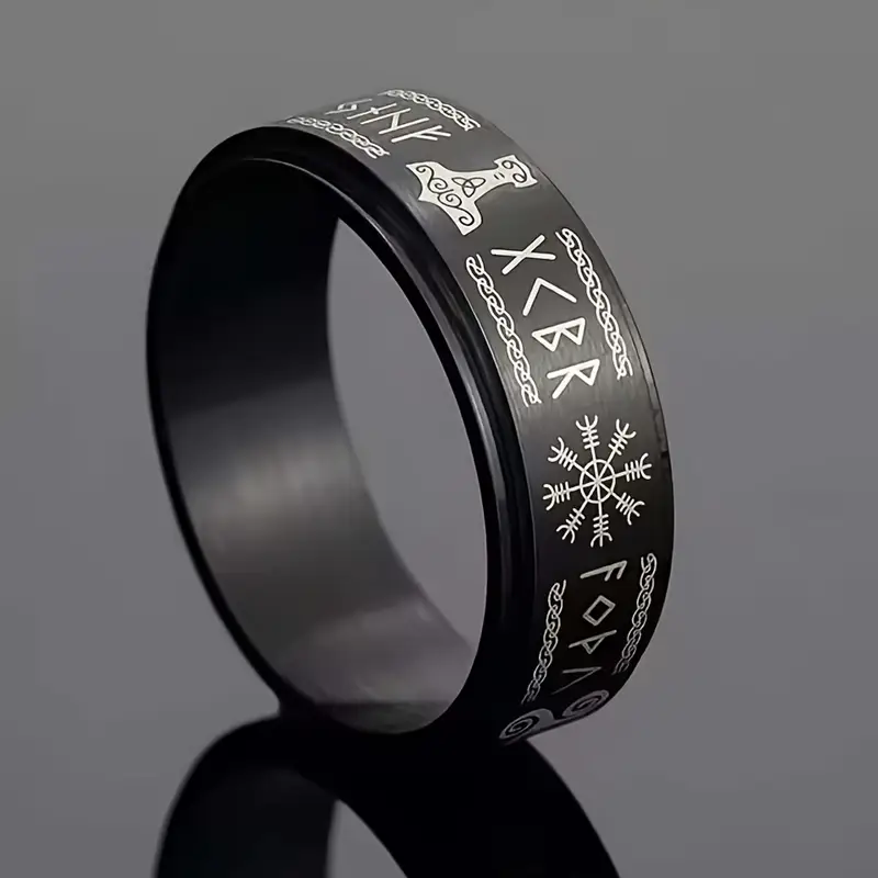 retro viking style stainless steel ring black rotating anxiety ring with intricate knotwork snowflake design unisex jewelry for men women anniversary valentines fathers day gifts Product details 1