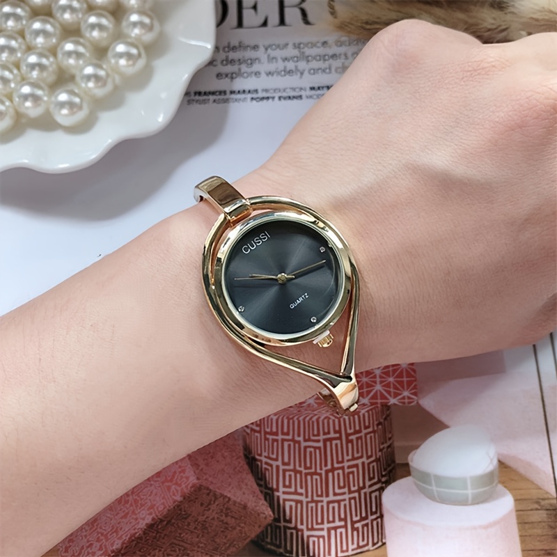 elegant womens quartz wristwatch with hollow out design round alloy case and band bracelet details 6