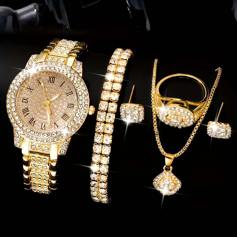 1pc Reloj de cuarzo de moda para mujeres y conjunto de joyería, resistente a los golpes, pantalla analógica redonda, pulsera y caja de aleación, no incluye batería de botón - Incluye conjunto de 6 accesorios