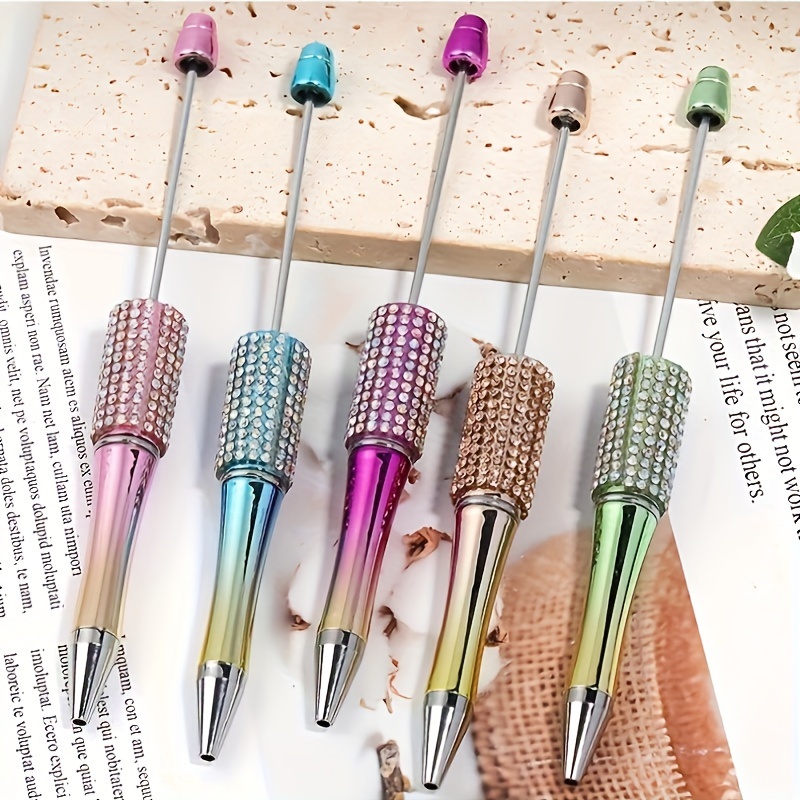 

5-pack Diy Beadable Crystal Diamond Ballpoint Pens With Twist Mechanism, Medium Point Stick Pens, Plastic Oval Body, Ambidextrous Grip, Creative Jeweled Craft Pen Set