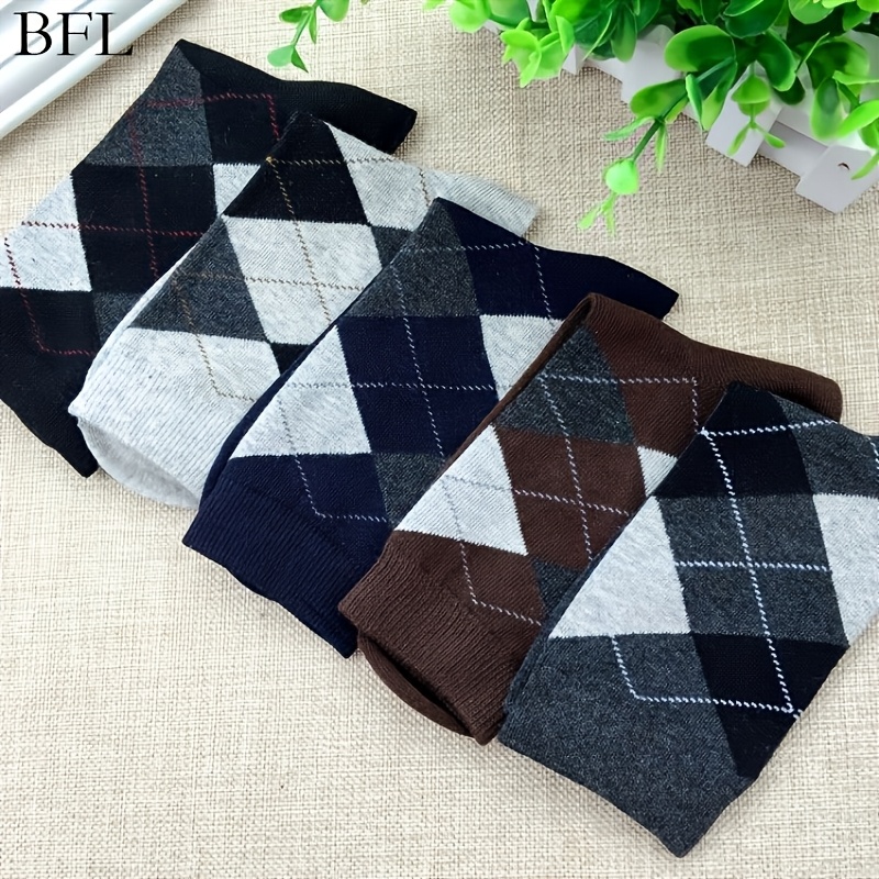 Image of 5 Pairs Set Business Checkered Socks Autumn Winter Business Men's Mid-calf Socks Casual Mid-calf Warm Thickened Socks Men's Socks