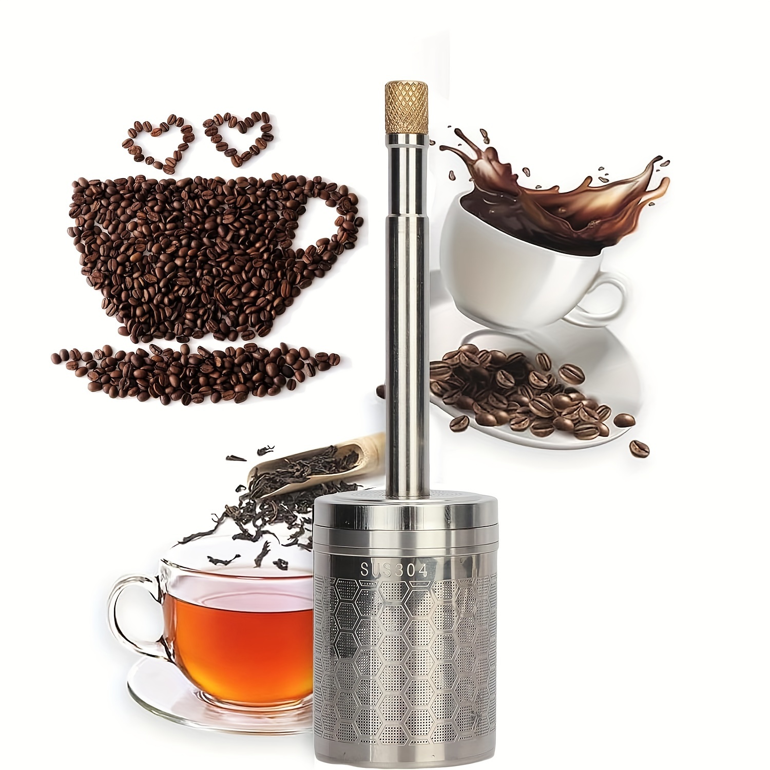 

Stainless Steel Maker - Classic Style Manual Coffee & Tea Press With Reusable Filter, Metal Exterior Finish, Multipurpose, No Electricity Required