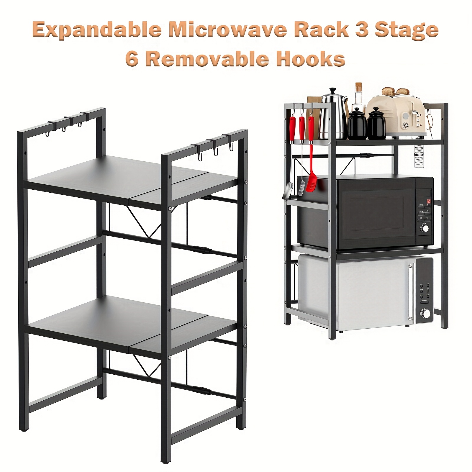 Expandable Microwave Stand With 6 Hooks, 3-tier Height Adjustable Storage Rack, 40kg Per - Organizer For Kitchen Countertop, Desktop