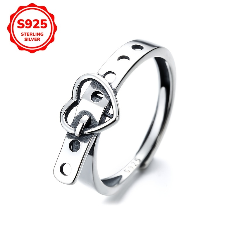 

Elegant Vintage 925 Sterling Silver Cuff Ring With Heart , Women's Chic Adjustable Band, For Daily And Vacation Wear