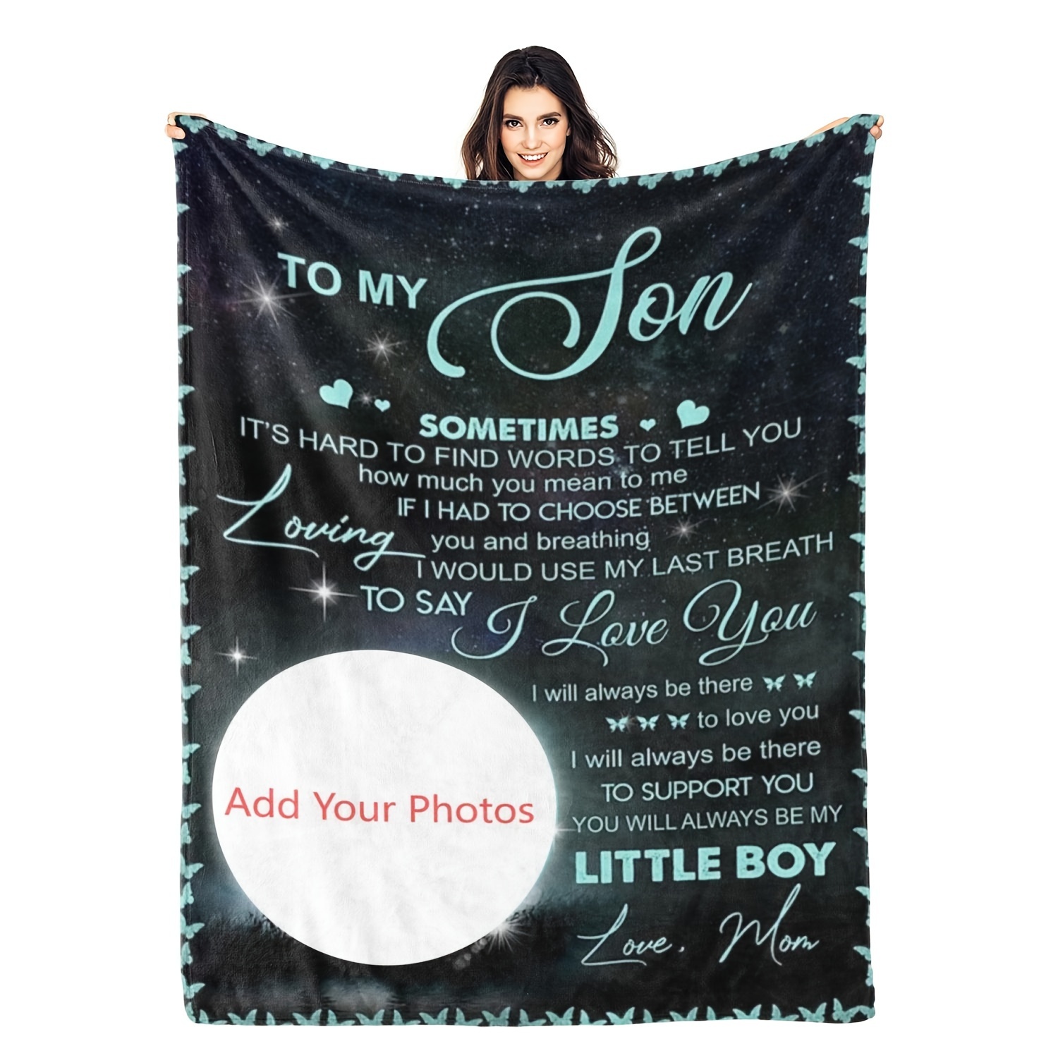 

1pc Personalized Photo Blanket For Son, Soft Warm Flannel Throw, Plush Fabric, , Space-saving, , & Christmas, Mixed Colors, Cotton Material, Toy & Game Category