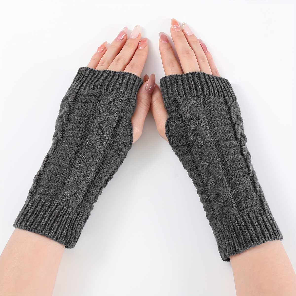 TEMU Unisex Acrylic Knit Fingerless Gloves, , Solid Color, Warm Outdoor Arm Warmer With Cable Knit Design, With Hand Washable For Mature Occasions