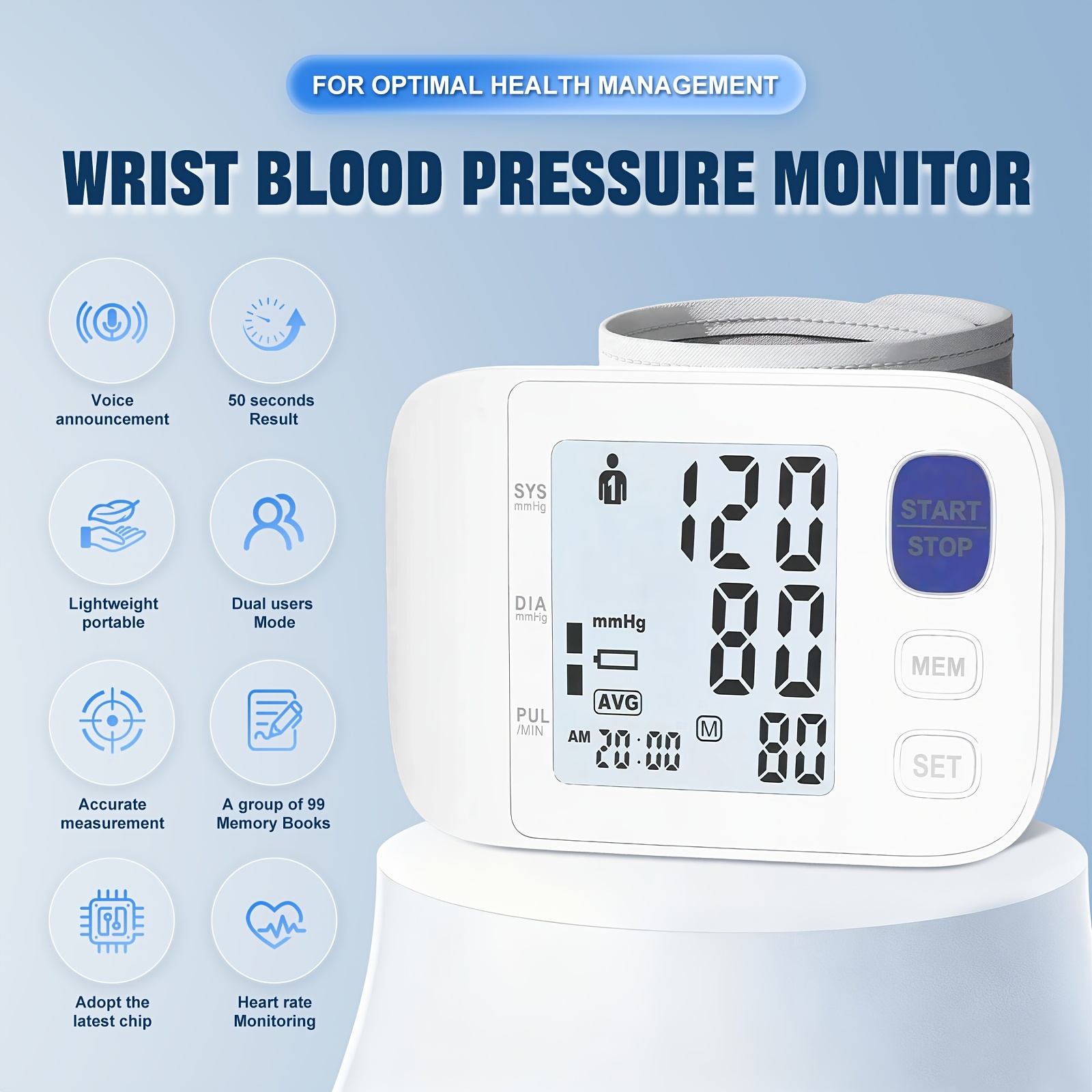 elderly friendly wrist blood pressure monitor arm cuff included   operation large screen voice broadcast dual user mode portable design with wrist strap storage bag batteries
