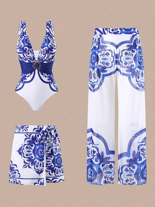 womens fashion ethnic print mature 1pc bikini with skirt and extended pants beach seaside colorful swimming 26ss trend bikini swimsuit 3pcs set