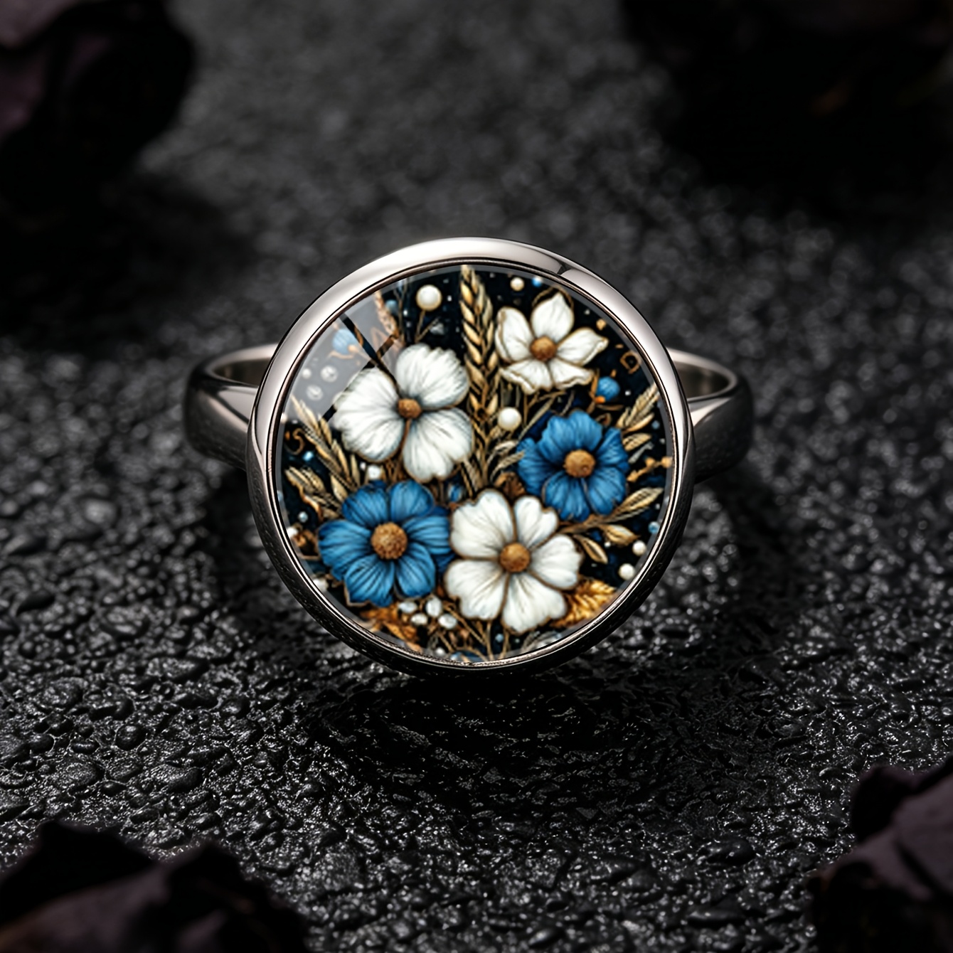 Dark Style Blue & White Floral Wheat Spike Pattern Ring