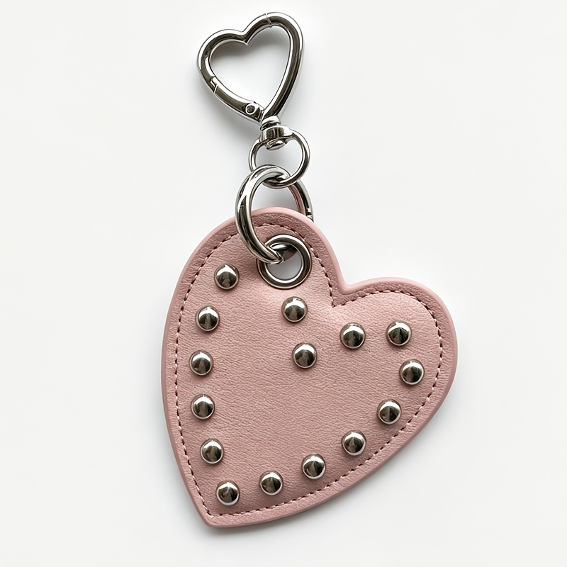 TEMU Punk Studded Heart Keychain, Sweet And Edgy Style Pu Leather Heart-shaped Pendant, Metal Charm Bag Accessory Keyring, Bag Decorative Tassel Gift