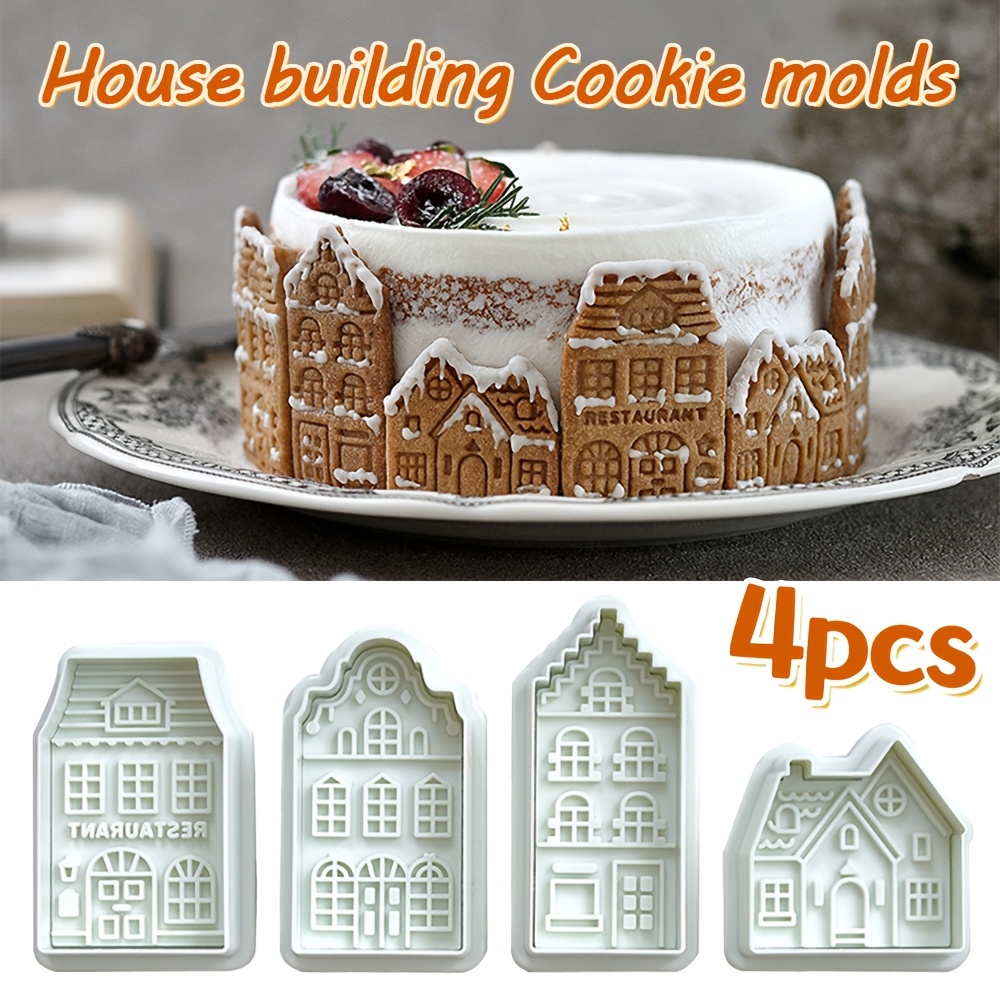 

4pcs Christmas Gingerbread House Pattern Cookie Mold Biscuit Stamp Fondant Cake Decoration Baking Accessories Kitchen Gadgets