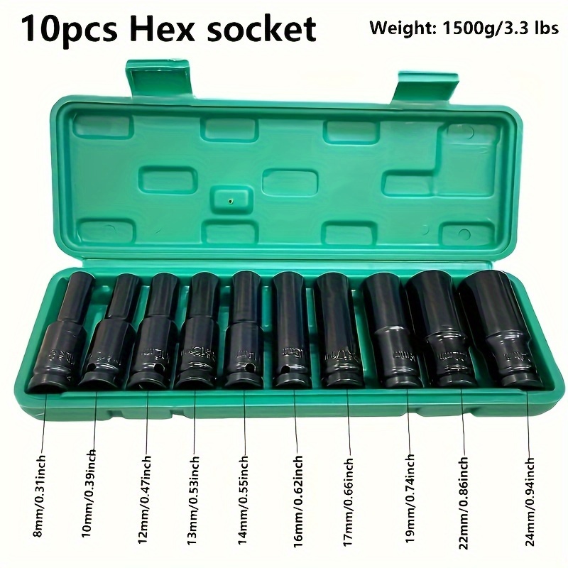 TEMU 10-piece High Carbon Steel Socket Set For Electric Impact Wrench - 8-24mm 1/2