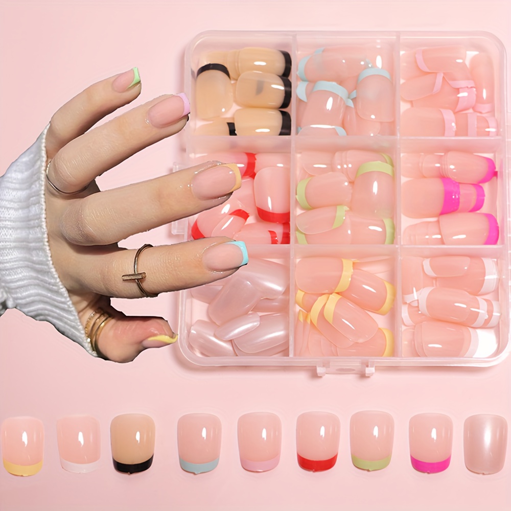 

216pcs Square Short French Nail Tips - Mixed Spring And Summer Nude Tones, Glossy Color Block Ombre Acrylic False Nails - Full Coverage Nail Extensions For Everyday Christmas And New Year Wear