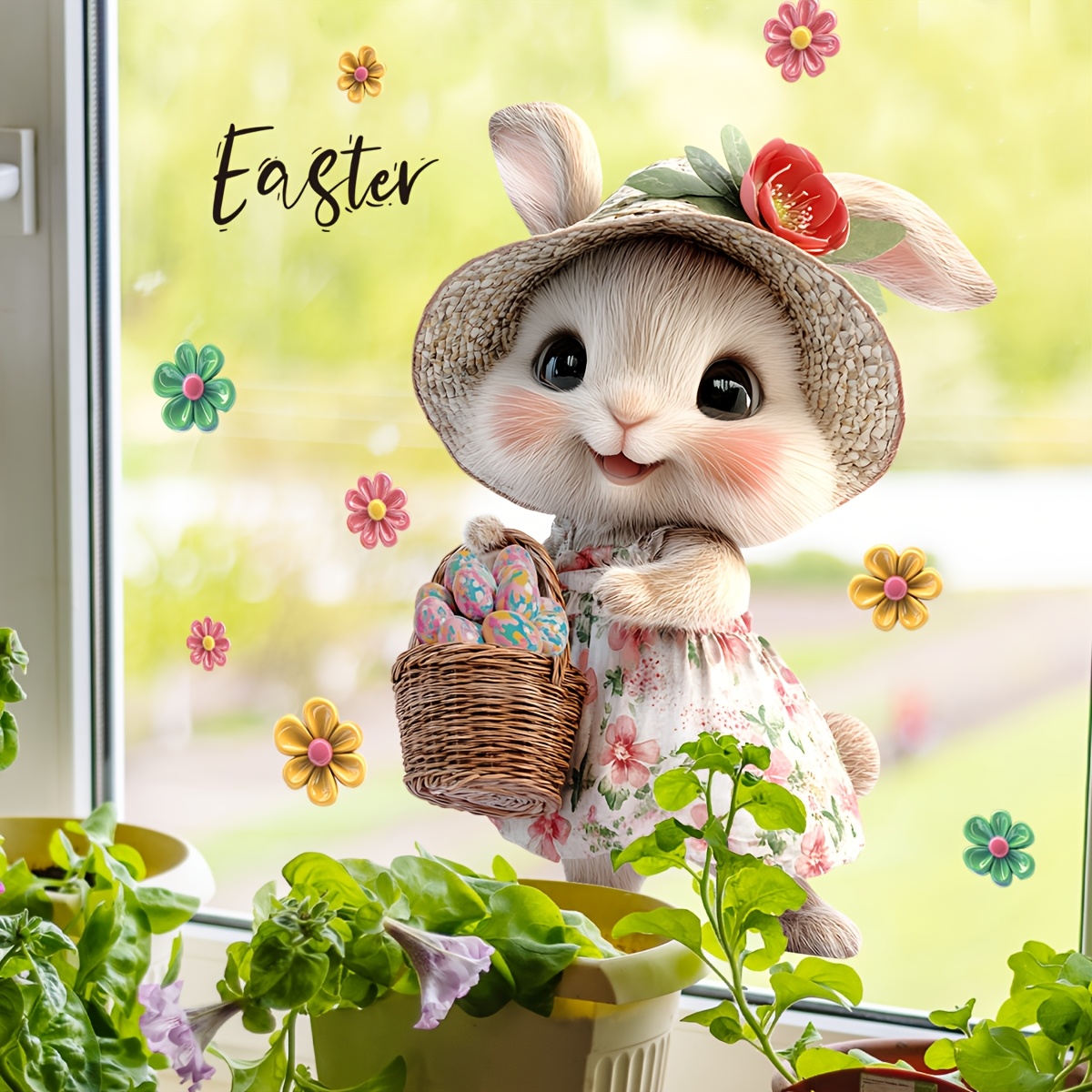 

Easter Bunny In Floral Dress Window Cling - 20x30cm Dual-sided Pvc Decal, Reusable Rabbit With Basket & Eggs For Home & Balcony Decor, Rabbit Accessories