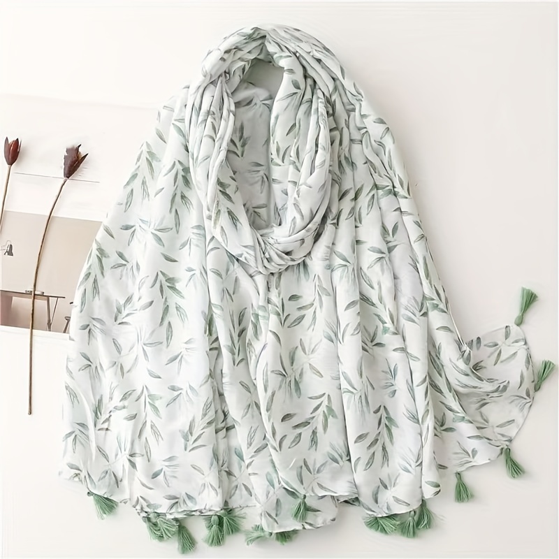 

Green Bamboo Leaf Print Scarf Thin Breathable Cotton Linen Tassel Shawl Boho Style Sunscreen Windproof Beach Towel Travel Scarf For Women