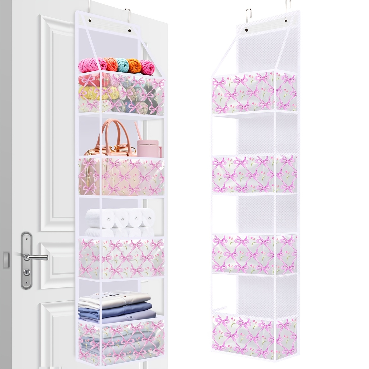 Image of 1 Pack 4-shelf Over The Door Hanging Pantry Organizer Hanging Pvc Pockets Storage Shelf, Pink Bow Print Behind The Door Storage Organizer For Living Room, Bedroom