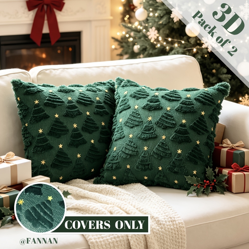 TEMU 2pcs Green Christmas Tree Embroidered Star Quilted Plush 3d Throw Pillow Covers 18x18 Inch Nordic Minimalist Scandinavian Style Ins Light Luxury