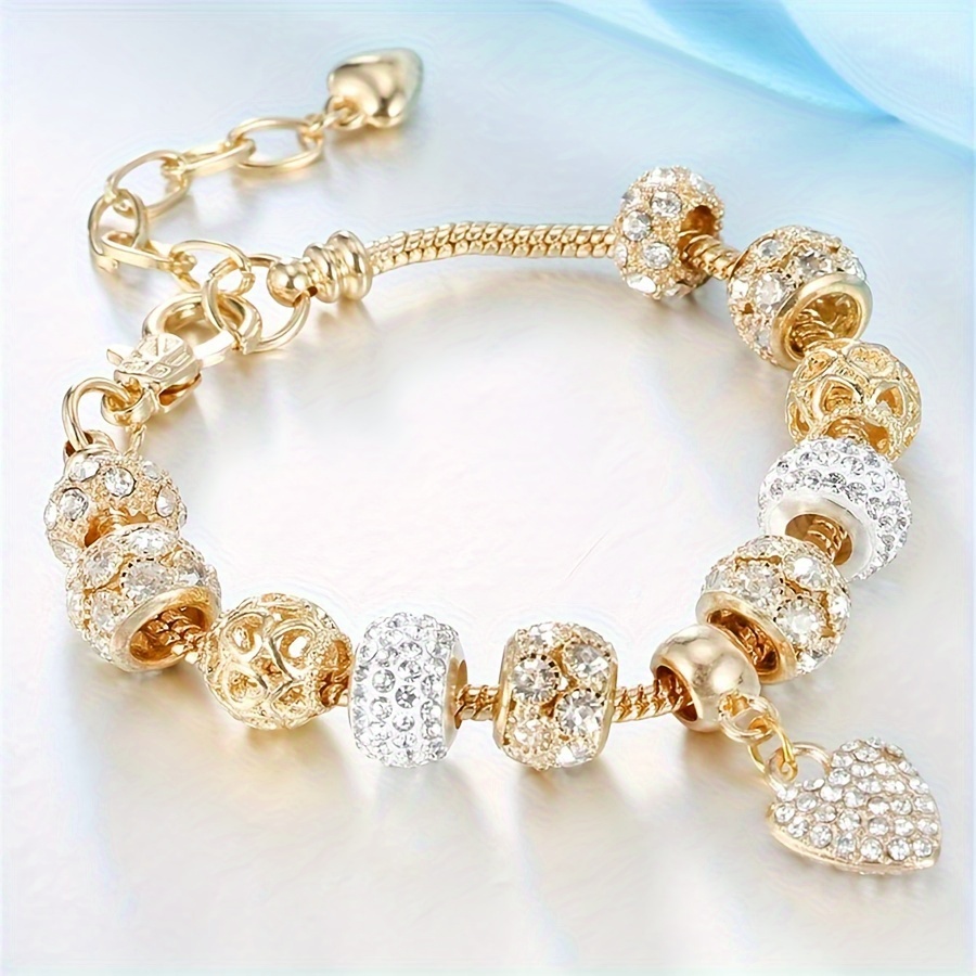 TEMU Elegant 14k Golden Plated Copper Bracelet With Glass Beads And Heart Charm For Women - Party And Vacation Accessory