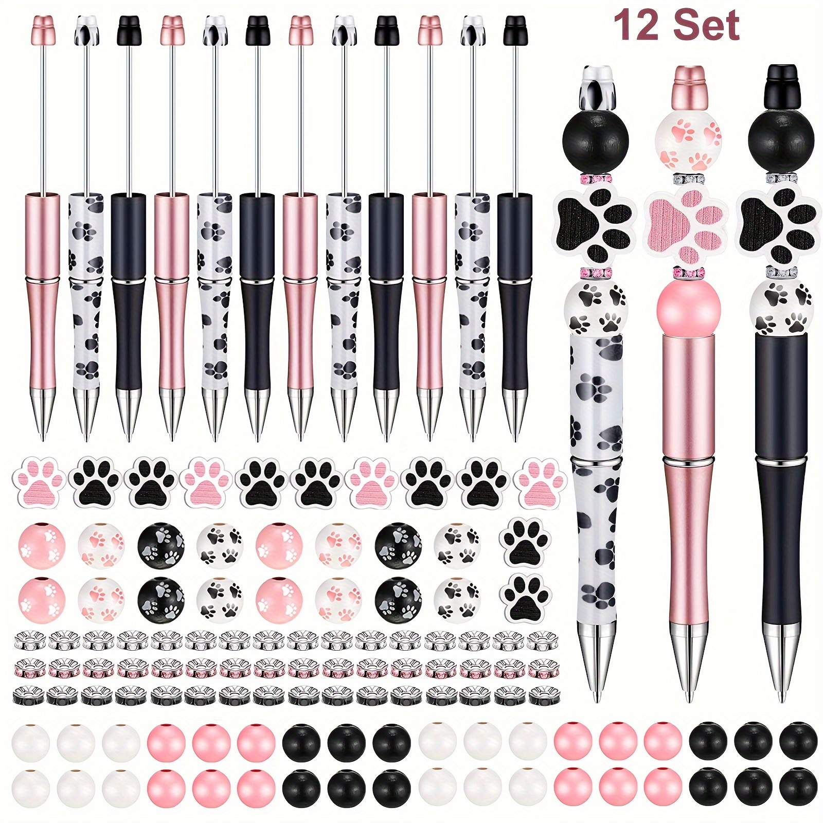 

12 Set Dog Paw Diy Beadable Pens Bulk, Assorted Bead Pens Wood Beads Crystal Spacer Beads Set With Plastic Black Ink Ballpoint Pen Diy Beaded Pen Set For School Office Party Supplies Art Craft Gift