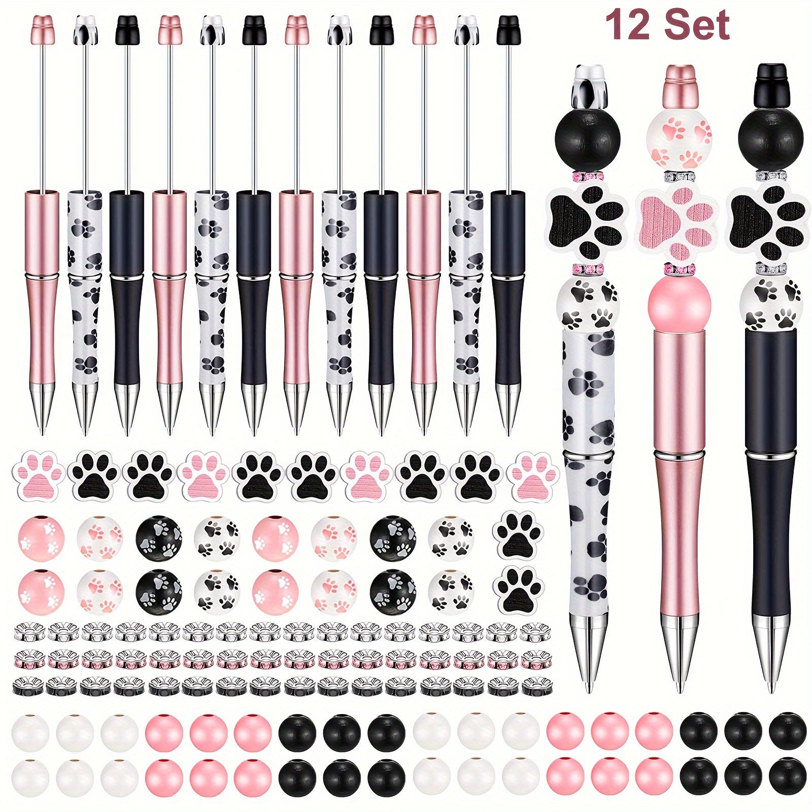 

12 Set Dog Paw Diy Beadable Pens Bulk, Assorted Bead Pens Wood Beads Crystal Spacer Beads Set With Plastic Ballpoint Pen Diy Beaded Pen Office Party Supplies Art Craft Gift