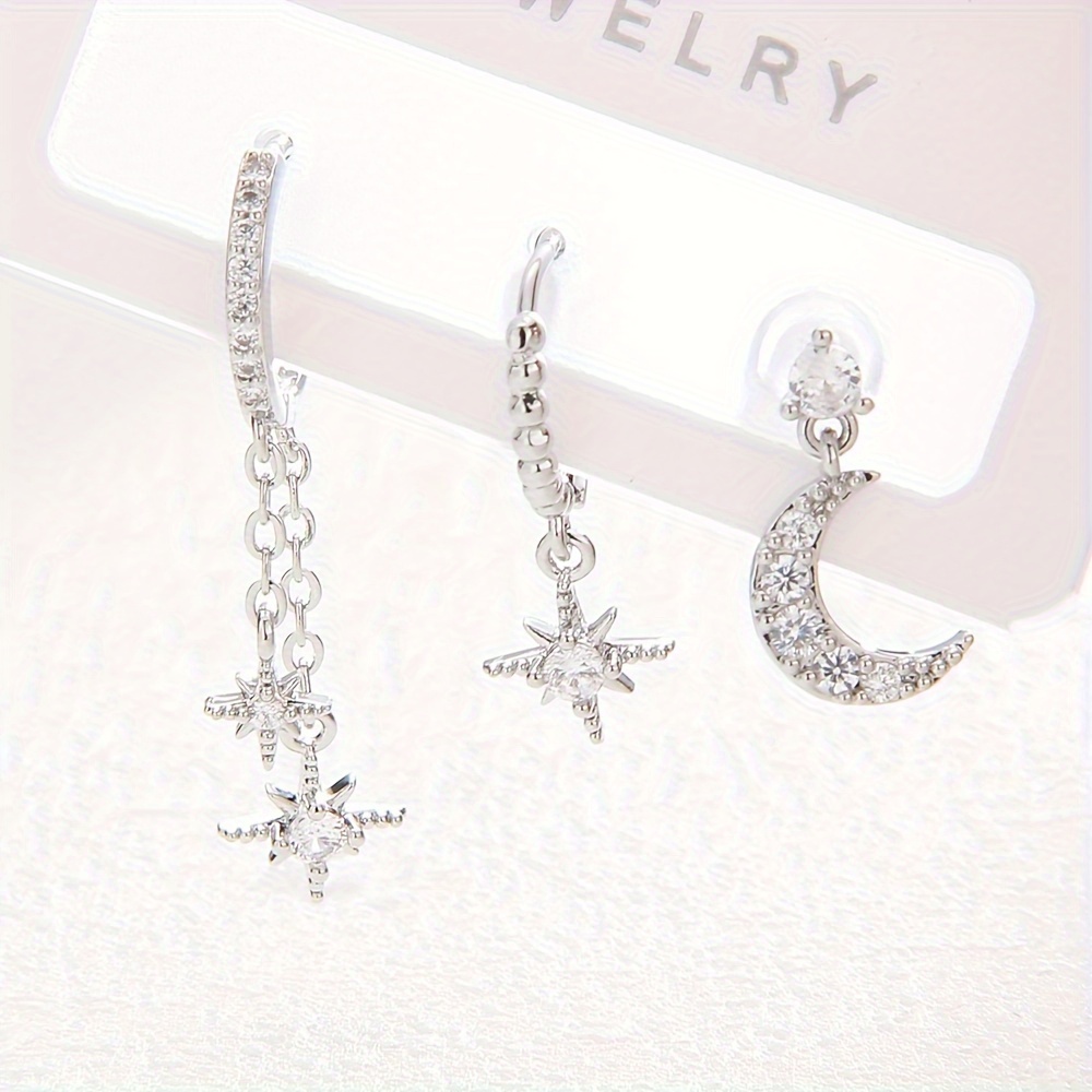 TEMU Parure de Boucles d'Oreilles pour Femmes - Lune Argentée, Étoile, Papillon CZ - Boucles d'Oreilles Clous et Créoles Délicates pour Trois Trou -