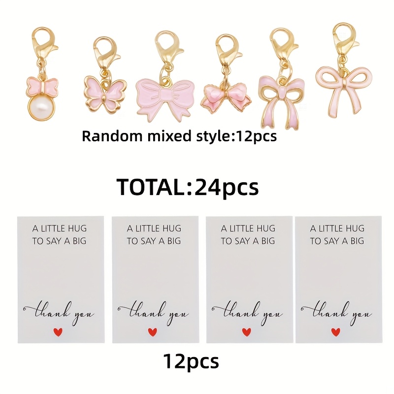 TEMU Gift For Her/him 24pcs Pink Bow Heart Keychain Set - With Thank You Card And Random Style Keychain, Elegant Birthday/valentine's Day/thank You