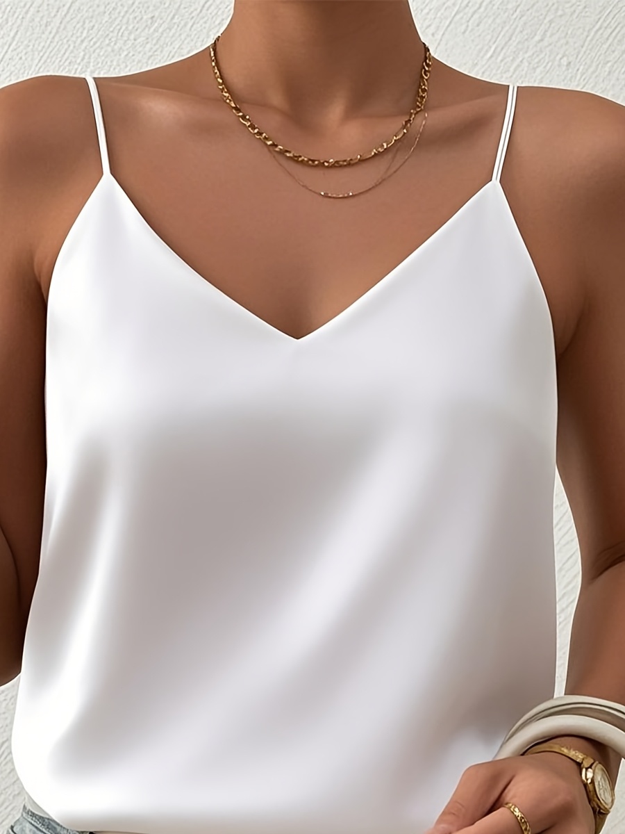 1pc Elegant Off-Shoulder Sleeveless Blouse for Women - Chic White Satin Summer Top with Deep V-Neck, Perfect for Layering or Standalone Outfits, Versatile Fashion | Elegant Offshoulder | Satin Finish