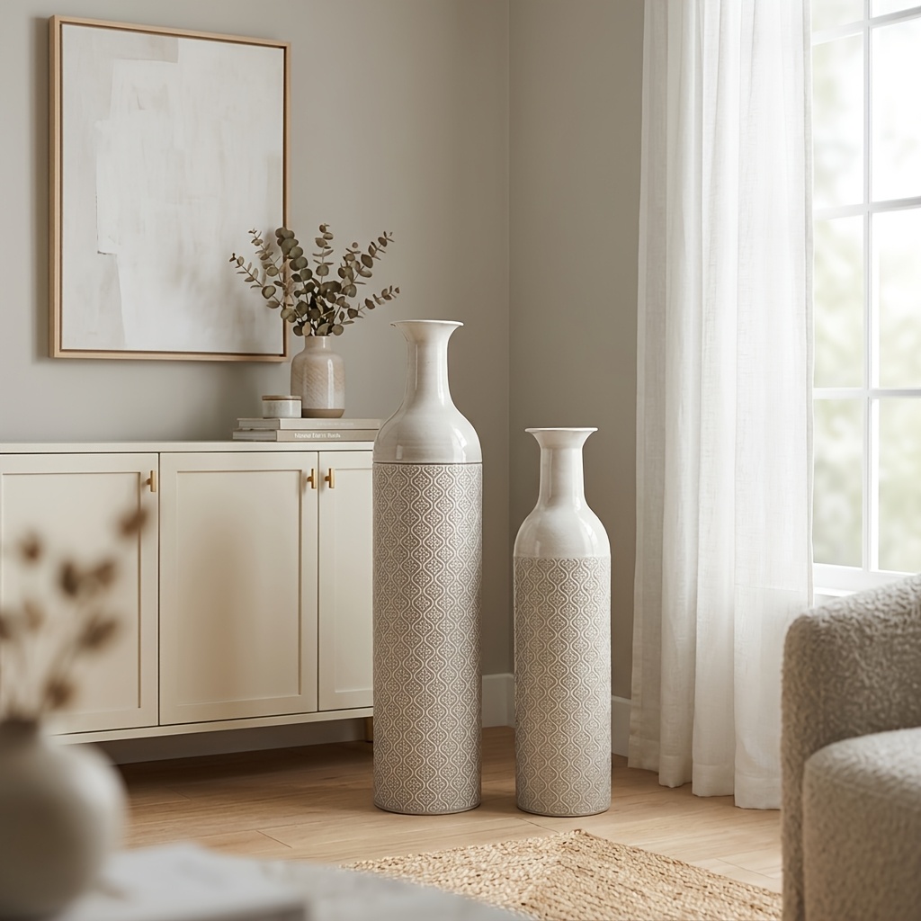 Hohe Bodenvase aus Metall mit * für Blumen, Extra Großes Vintage Graues Vasen-Set für das Wohnzimmer, 2er-Set
