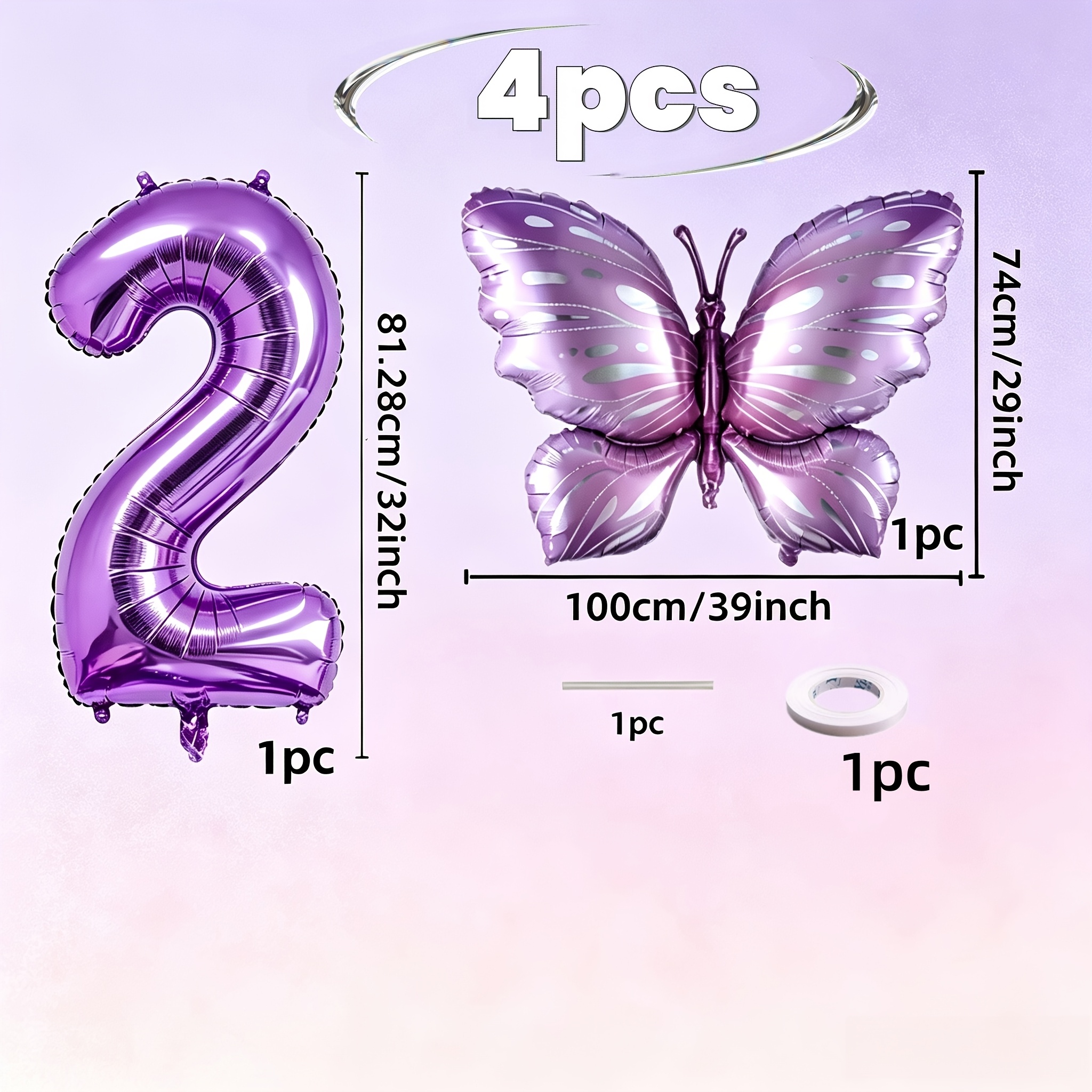 TEMU 4pcs, Ballon Papillon Violet de 39 pouces, Ensemble de Ballons Numériques 0-9 de 32 pouces, Grands Ballons en Aluminium Papillon Colorés,