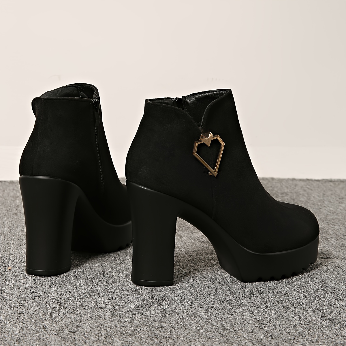 Women's Short Boots with Chunky High Heels and Side Zipper