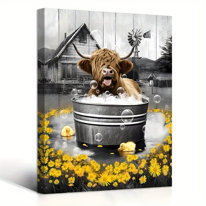 

1pc Wooden Canvas Painting, Sunflower Highland Cow , Farmhouse Cow Canvas Cow Bathroom Picture, Ideal Gift For Living Room, Kitchen, Home Decor, , Room Decor, 11.8inch*15.7inch