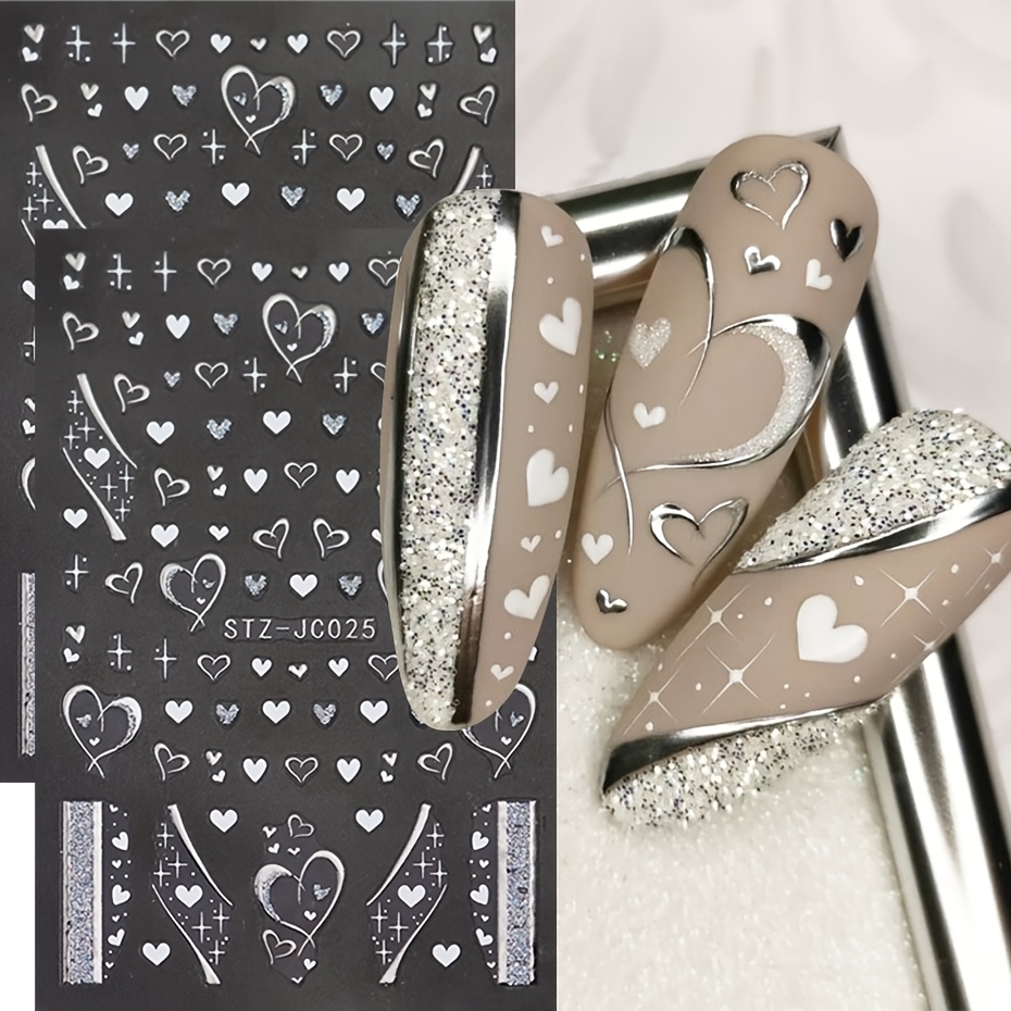 Image of 2pcs Silvery Love Heart Glitter Nail Art Sticker Valentine's Day Hollow Heart Nail Art Decals Diy Wedding Nail Charms Decorations Y2k New Year Manicure Supplies