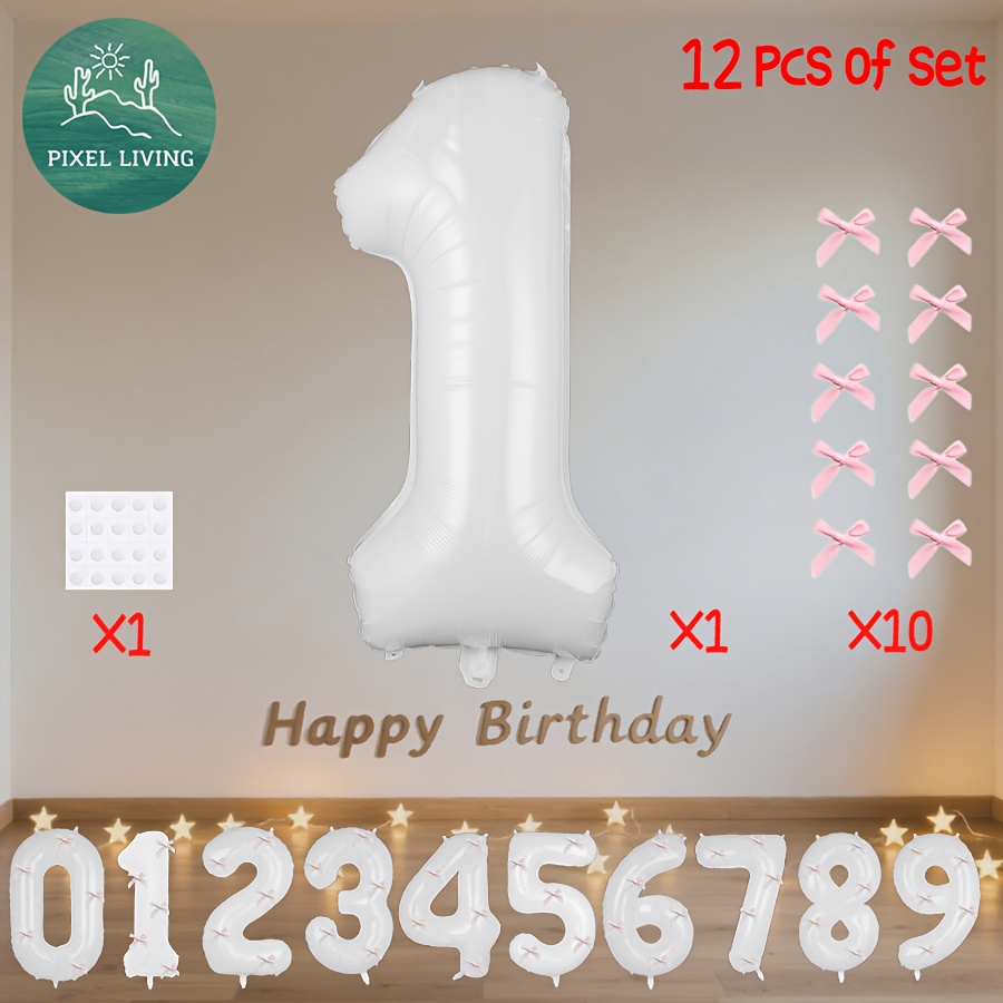 Pixelliving 12pcs 0-9 Number White Balloon Set, Large 32-inch Foil Balloons With Bow Decorations, Suitable For Birthday Parties, Weddings, Engagements, And Anniversaries