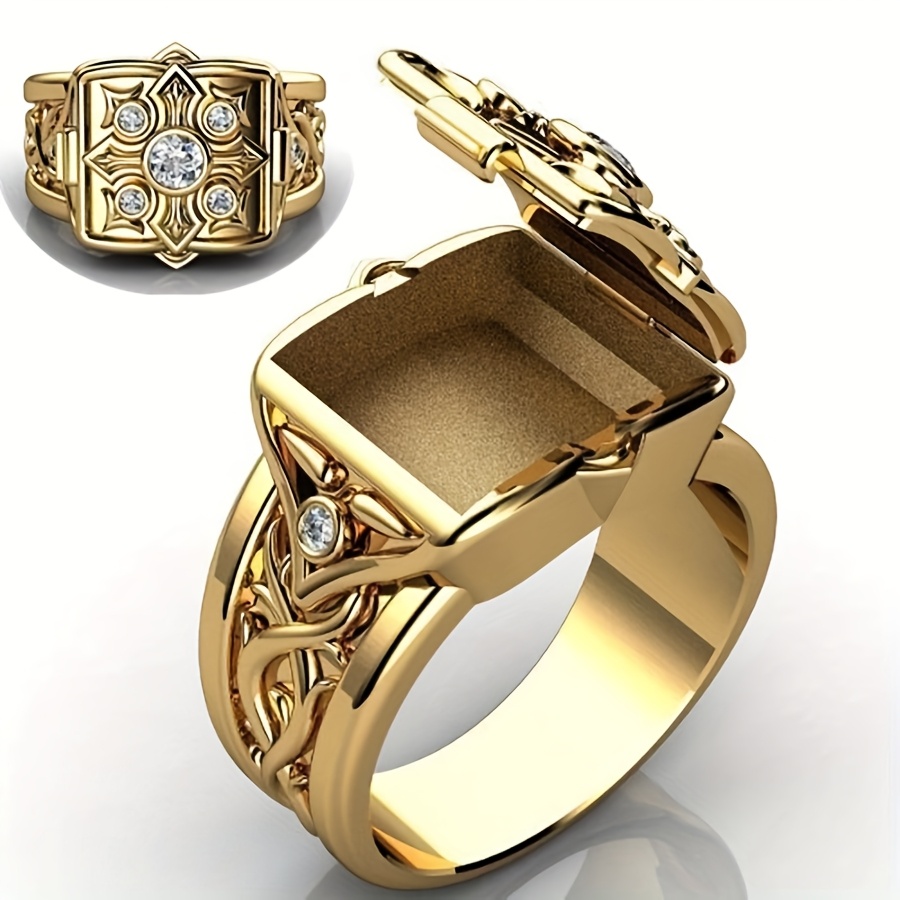 Golden Plated Square Ring with Geometric Gemstone Accents