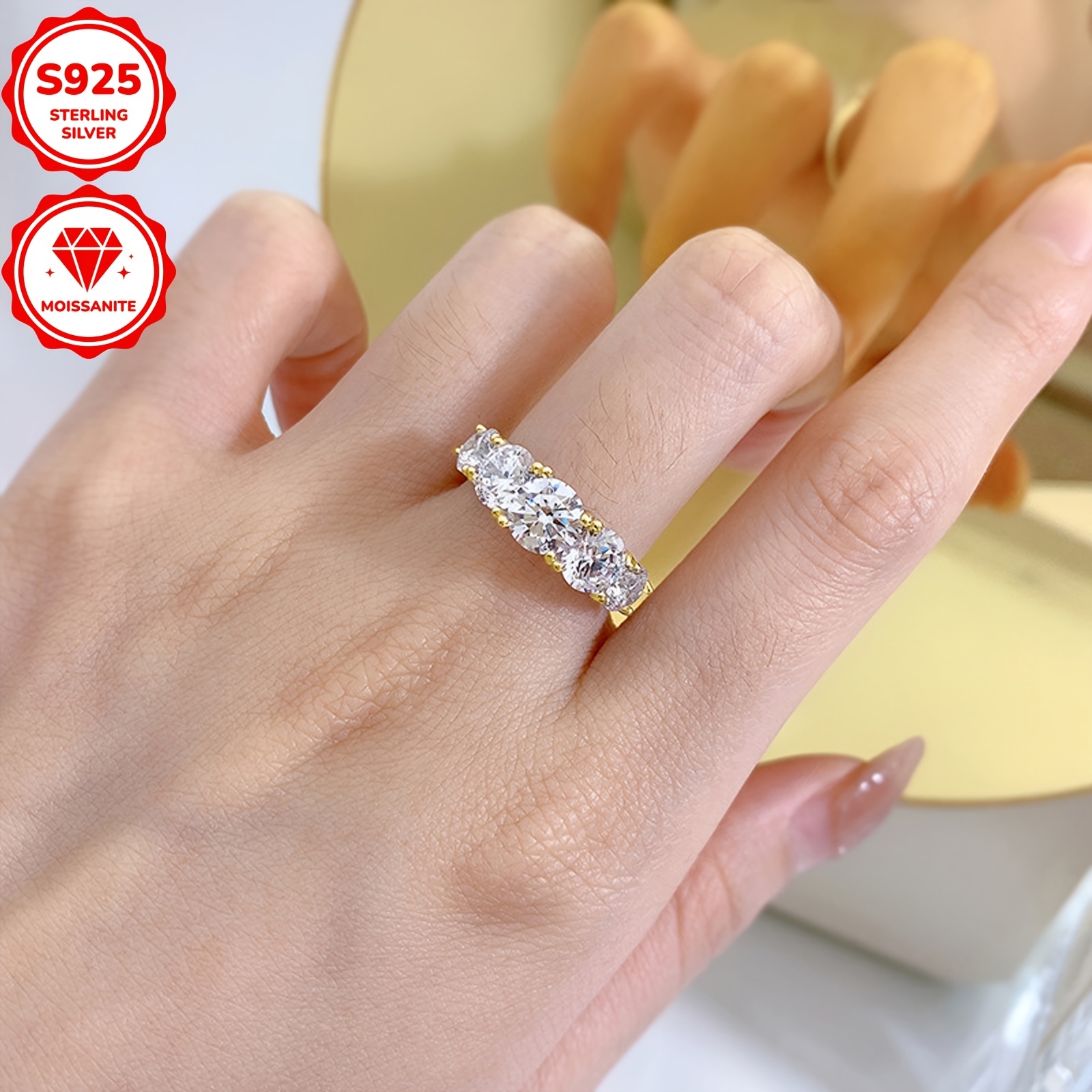Moissanite 5 Stone 925 Silver Ring, 6.5mm Round Moissanite