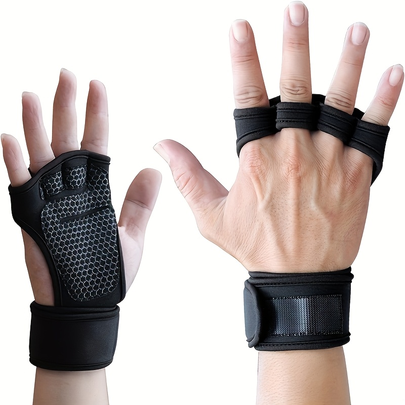 a set of weightlifting gloves featuring adjustable wrist and palm support made from breathable polyester for athletic use   in black with a hook and loop fastening a must have accessory for weightlifting