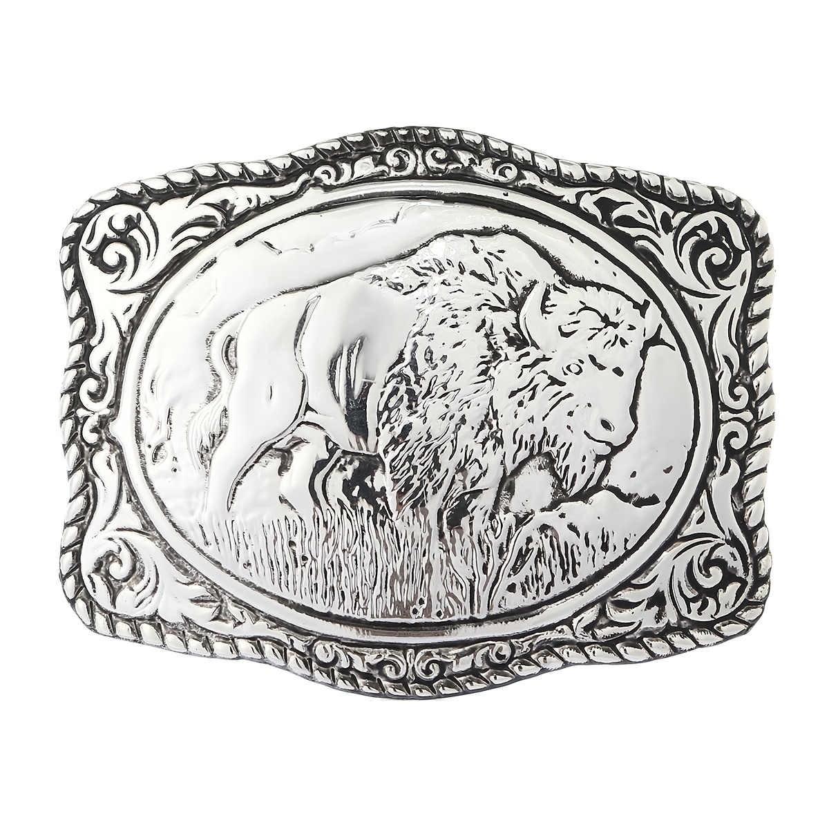 

A Vintage Patterned Carving, A Zinc Alloy Silvery Men's Belt , Suitable For Pairing With Jeans Or Western-style Outfits.