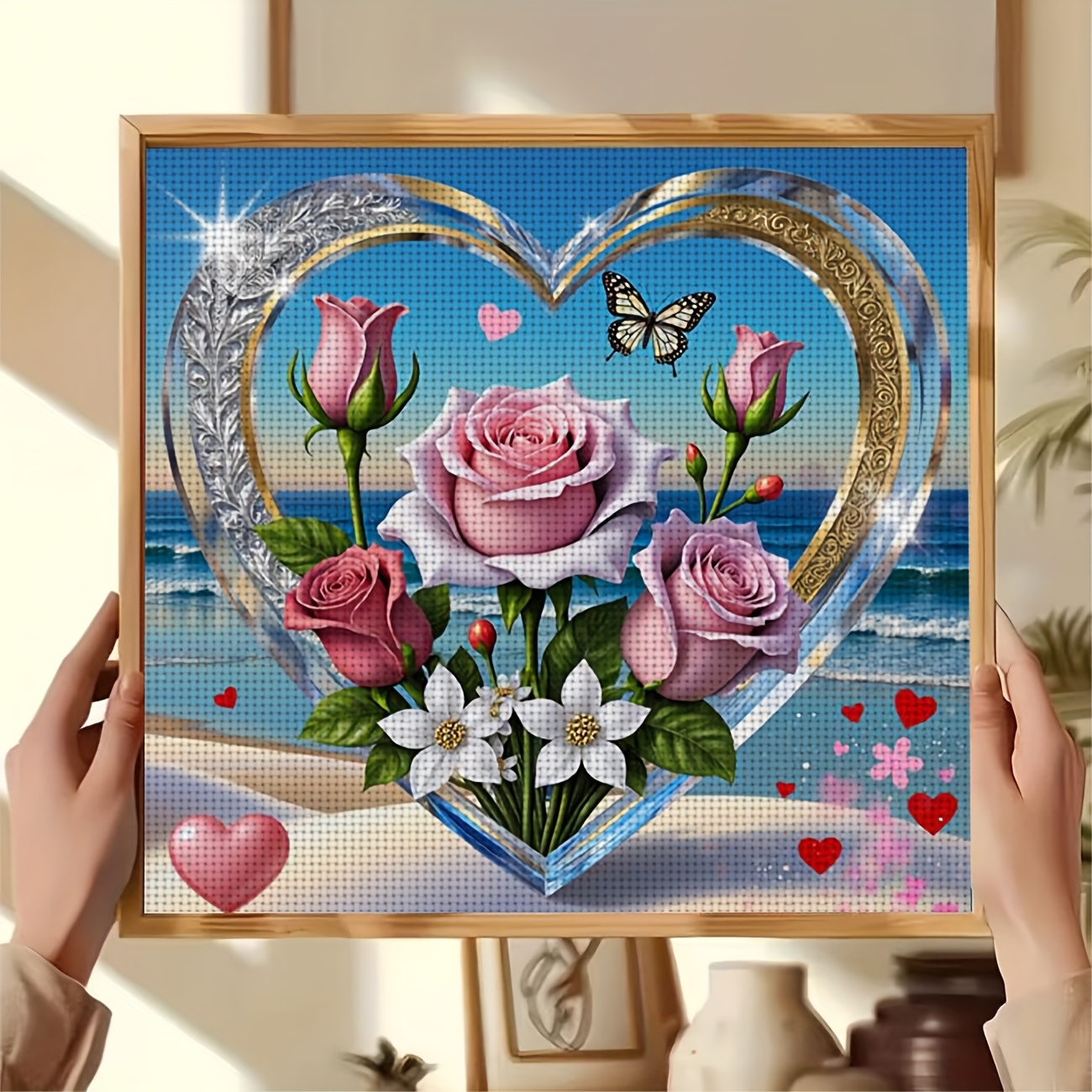 Printed DIY Cross Stitch Kit, Frameless, "Heart Bouquet Beach Butterfly" Pattern
